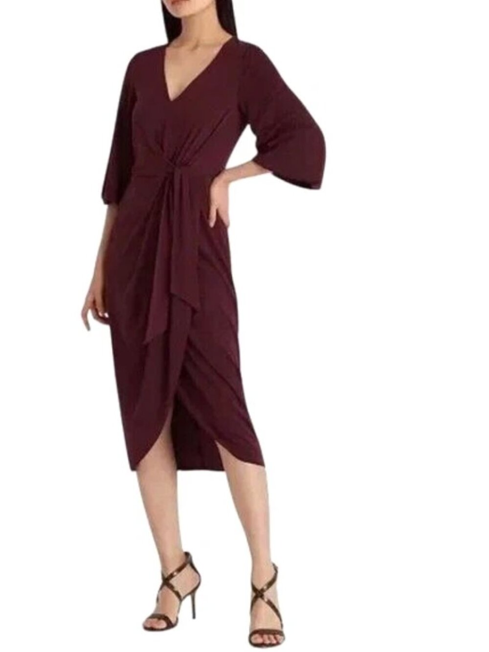 Lauren Ralph Lauren Womens Dress Red Stretch Jersey Tie Front Midi Size 8 NWT